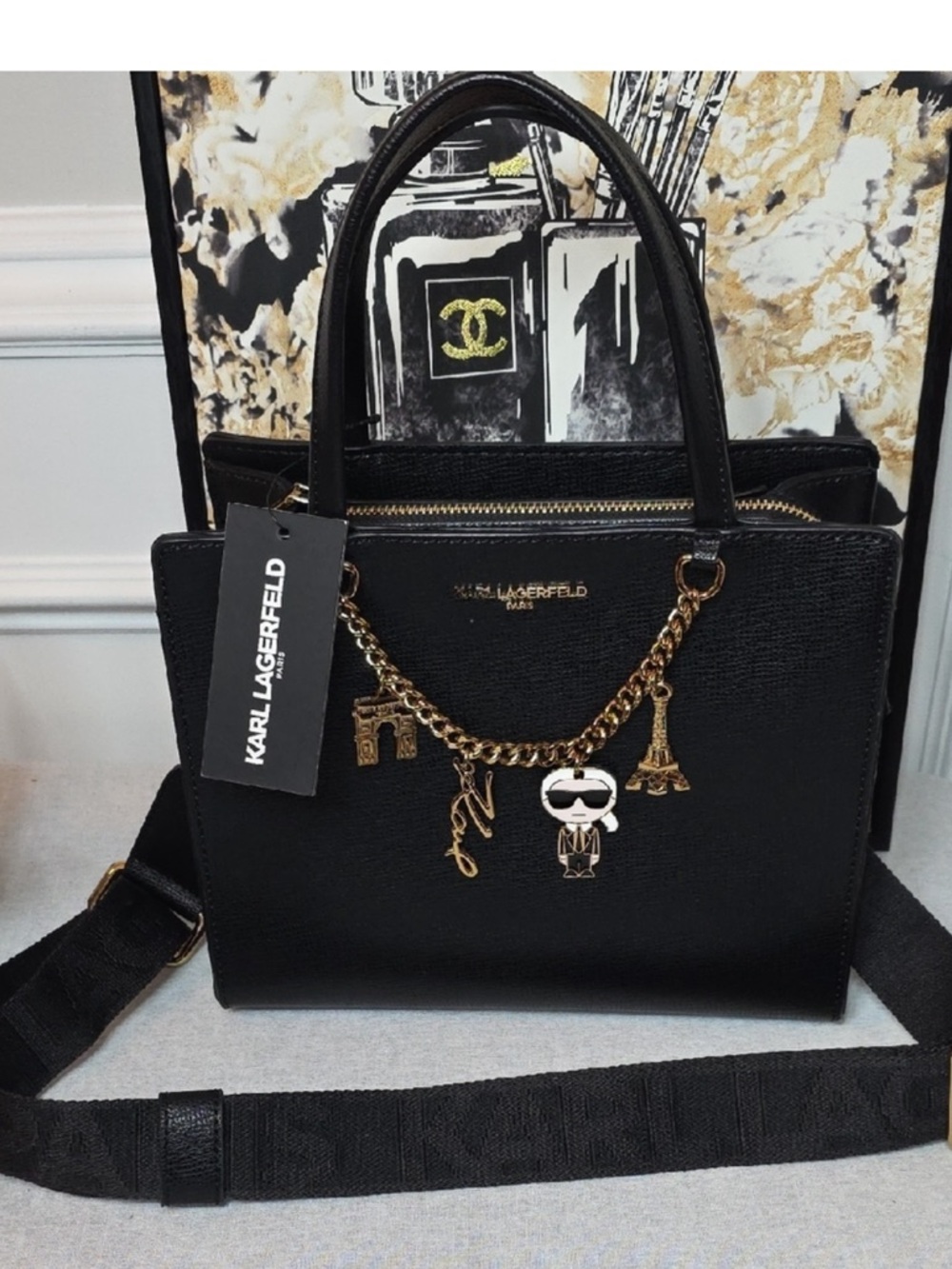 Low start Karl Lagerfeld Black Satchel with Gold Accents and Charms